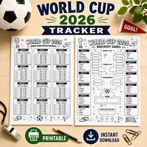 May include: Printable World Cup 2026 tracker in black and white. Includes group stage match schedule and knockout games bracket. Features a football, whistle, and "GOAL!" flag. Includes the text "PRINTABLE" and "INSTANT DOWNLOAD".
