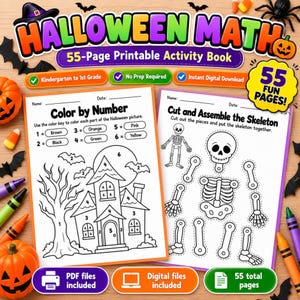 Puede incluir: Un libro de actividades matemáticas de Halloween imprimible de 55 páginas que incluye una hoja de colorear por números con una casa encantada y una hoja para recortar y armar un esqueleto. La portada incluye el texto Halloween Math y 55 Fun Pages.