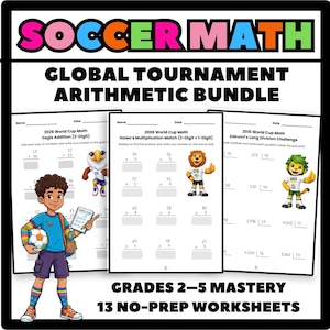 Może przedstawiać: Zestaw edukacyjnych arkuszy roboczych zatytułowany "Soccer Math: Global Tournament Arithmetic Bundle". Arkusze zawierają zadania matematyczne z ilustracjami i postaciami o tematyce piłkarskiej. Zawiera zadania z dodawania, mnożenia i dzielenia pisemnego dla klas 2-5.