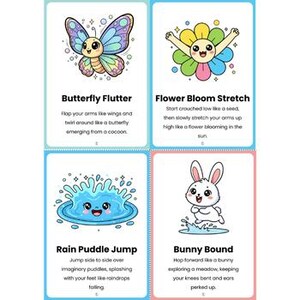 Pu&ograve; includere: Quattro schede illustrate con istruzioni per esercizi. Le schede presentano una farfalla, un fiore, una pozzanghera e un coniglietto. Il testo sulle schede include "Butterfly Flutter", "Flower Bloom Stretch", "Rain Puddle Jump" e "Bunny Bound".