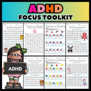 Puede incluir: Kit de herramientas de enfoque para el TDAH con hojas de trabajo coloridas y una niña de dibujos animados sosteniendo un letrero de TDAH. Las hojas de trabajo incluyen rompecabezas numéricos, desafíos de letras y juegos de emparejamiento de imágenes.
