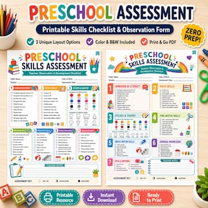 May include: Two printable preschool assessment checklists featuring sections for language, math, colors, shapes, fine motor, gross motor, and social skills. The documents include teacher observation forms, assessment keys, and colorful educational icons.