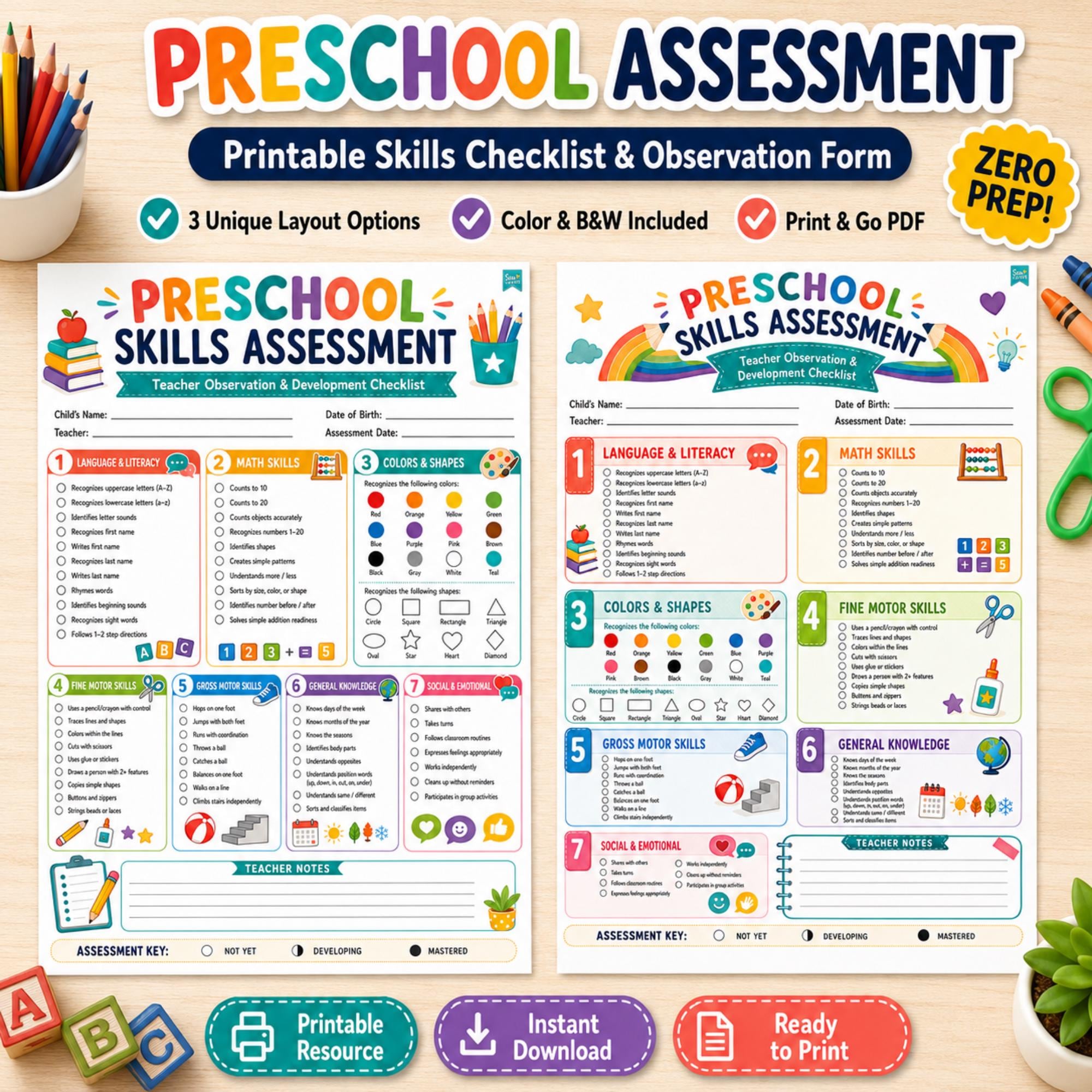 Preschool Assessment Checklist, Pre-K Skills Tracker, Teacher Observation, Homeschool Progress Printable PDF