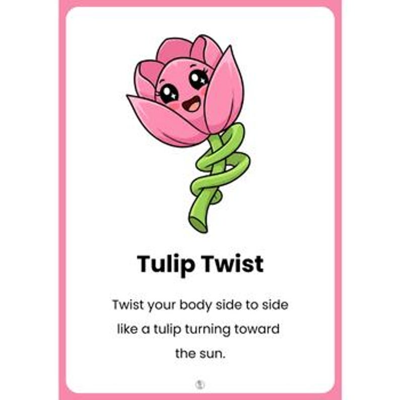 Pu&ograve; includere: Illustrazione a cartoni animati di un tulipano rosa sorridente con uno stelo verde contorto. Il testo "Tulip Twist" &egrave; sotto, con istruzioni per ruotare il corpo da un lato all'altro.