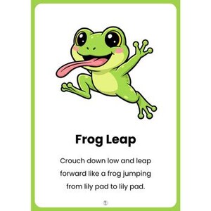 Pu&ograve; includere: Illustrazione di un cartone animato di una rana verde con una lunga lingua rosa. La rana salta con le braccia e le gambe tese. Il testo "Frog Leap" &egrave; sotto, con istruzioni.