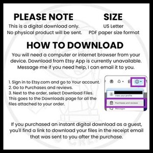 Pu&ograve; includere: Immagine in bianco e nero con testo che spiega come scaricare un prodotto digitale da Etsy. Il testo include "PLEASE NOTE", "HOW TO DOWNLOAD" e istruzioni per scaricare i file. La dimensione &egrave; US Letter, formato carta PDF.