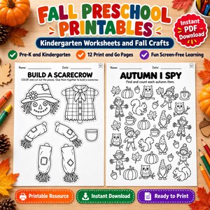 May include: A set of fall preschool printable worksheets featuring a Build a Scarecrow activity with cut-out pieces and an Autumn I Spy game with various seasonal illustrations like pumpkins, owls, squirrels, and gnomes for coloring and counting.