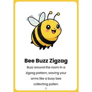 Pu&ograve; includere: Illustrazione di un cartone animato di un'ape sorridente con strisce nere e gialle e ali. L'immagine &egrave; su uno sfondo bianco con il testo "Bee Buzz Zigzag" e le istruzioni per ronzare nella stanza.