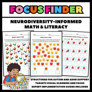 May include: Educational worksheets with the title "Focus Finder" and the subtitle "Neurodiversity-Informed Math & Literacy." The worksheets feature counting exercises with roosters, emojis, and fruits. A child with a magnifying glass is shown in the corner.
