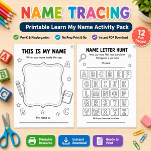 Puede incluir: Un paquete de actividades imprimibles para practicar nombres con dos hojas tituladas This Is My Name y Name Letter Hunt. Las páginas incluyen contornos en blanco y negro de letras, estrellas, un lápiz y un cuaderno para el aprendizaje.