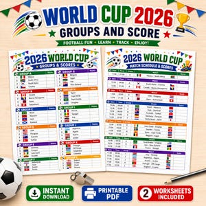 Puede incluir: Dos hojas de trabajo imprimibles para la Copa Mundial 2026 con clasificaciones de grupos y calendarios de partidos, banderas nacionales, gráficos de balones de fútbol y banderines coloridos. Incluye un balón y un silbato de metal.