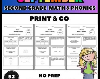 2nd Grade September Math & Literacy Packet | No Prep Worksheets (PDF)
