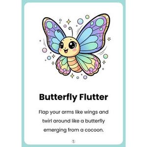 Pu&ograve; includere: Illustrazione colorata di una farfalla dei cartoni animati con un volto sorridente, ali blu, viola e verdi e un corpo giallo. Il testo "Butterfly Flutter" &egrave; sotto l'immagine, con istruzioni per sbattere le braccia come ali.