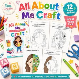 Può includere: Un kit di artigianato educativo colorato intitolato "All About Me Craft" con 12 pagine incluse. Il kit presenta un quaderno di lavoro, pagine da colorare e blocchi. La copertina del quaderno mostra una ragazza dei cartoni animati. Il kit promuove la consapevolezza di sé, la creatività, le competenze SEL e la fiducia.