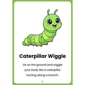 Pu&ograve; includere: Illustrazione di un bruco verde dei cartoni animati con un volto sorridente e un corpo segmentato. L'immagine include il testo "Caterpillar Wiggle" e le istruzioni per muoversi come un bruco.