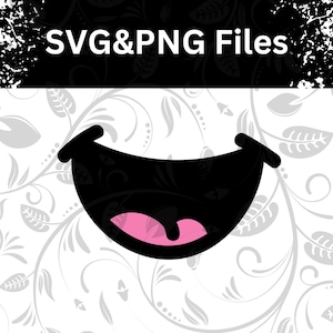 Può includere: Bocca di cartone animato nera con interno rosa, su sfondo a motivo floreale bianco e grigio. Il testo "SVG&PNG Files" è visualizzato in bianco su uno striscione nero sopra la bocca.