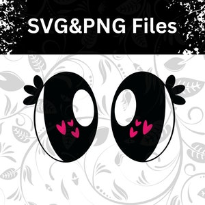 May include: Black cartoon eyes with white highlights and three pink hearts inside each eye. The eyes have black eyelashes and are set against a white background with a floral pattern. The text "SVG&PNG Files" is at the top.