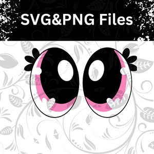May include: A pair of cartoon eyes with black pupils, white scleras, and pink eyelids. The eyes are set against a white background with a floral pattern.