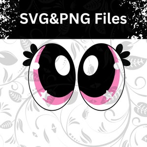 May include: A pair of cartoon eyes with black pupils, pink eyelids, and white eyelashes. The eyes are set against a white background with a floral pattern.