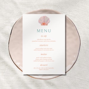 menu coquillage côtier | dessinés à la main | dîner | mariage à la plage | anniversaire | téléchargement numérique modifiable | modèle de toile | imprimable