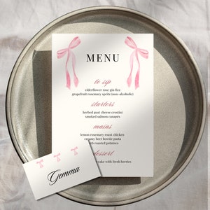 Rosa Schleife Menü + Tischkartenvorlage | handgezeichnet | Dinner-Party | Babyparty| Blumen | bearbeitbarer digitaler Download | canva Vorlage