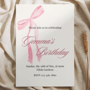 May include: A pink watercolour bow on a white background. The text "Please join us in celebrating Gemma's Birthday" is written in a cursive font. The text "Sunday, the 26th of May, at noon" is written below the bow. The text "Filola Gardens" is written below the date. The text "RSVP: 123-456-7890" is written below the location.