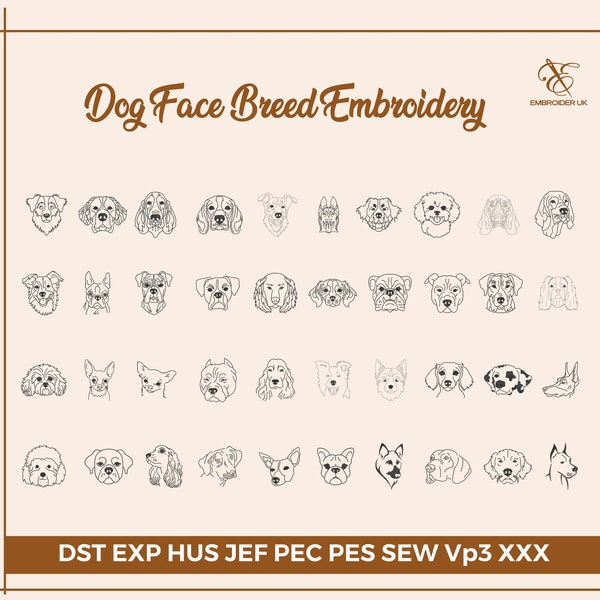 Hunde Bundle Stickerei, 40 Hunde Rasse Maschinenstickerei, Line Art Hundegesichter, digitaler Download, Tierliebhaber Geschenk, Pes Dst Datei, 5 Größen