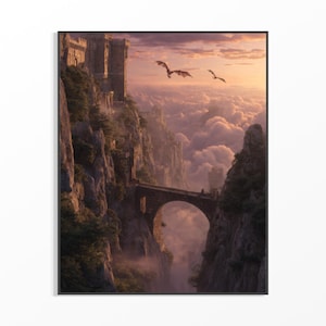 May include: A framed print depicts a fantasy landscape with a stone bridge, castle, and flying dragons. The artwork features a dramatic sky with clouds and a warm color palette of oranges and purples. The scene is set in a mountainous region.