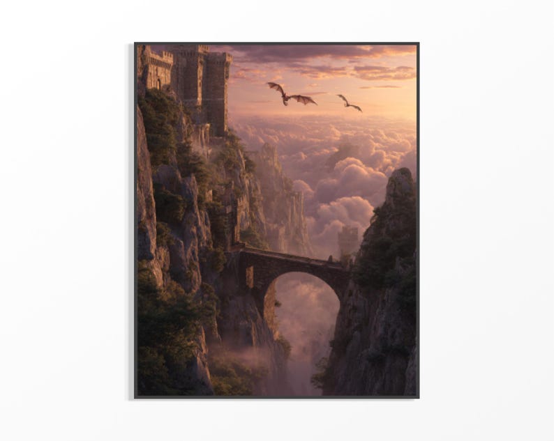 May include: A framed print depicts a fantasy landscape with a stone bridge, castle, and flying dragons. The artwork features a dramatic sky with clouds and a warm color palette of oranges and purples. The scene is set in a mountainous region.
