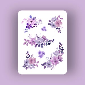 Pegatinas florales moradas para planificador / Hoja de pegatinas con ramos de flores de acuarela