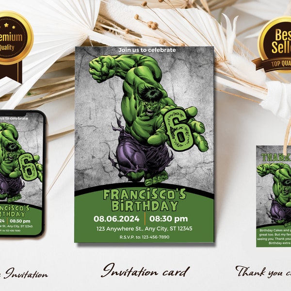 Modèle d'invitation de super-héros modifiable | Incroyable fête Hulk| Faire-part d'anniversaire pour enfants| fête garçons et filles | Invitation imprimée et/ou électronique