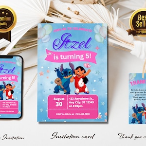 Bewerkbare Stitch verjaardagsuitnodiging sjabloon | Leuke Stitch en Lola verjaardagsfeestje | Verjaardagsuitnodiging voor kinderen| Print en/of elektronische uitnodiging