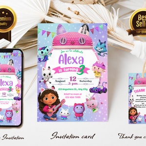 Modelo Gabby editável de convite para casa de bonecas | Festa de aniversário da Gabby e dos gatinhos | Convite do aniversário dos miúdos | Convite impresso e/ou eletrônico