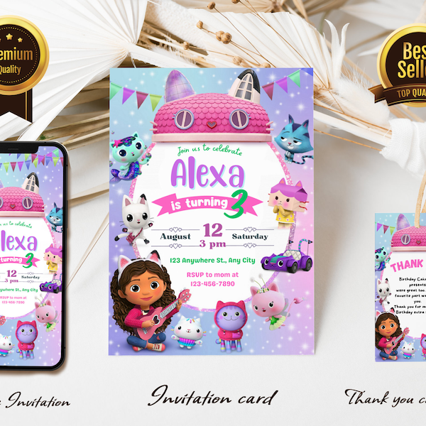 Editable Gabby Dollhouse Invitation Template | Gabby and Kittens Birthday Party | Kids Birthday Invitation | Print and/or Electronic Invite