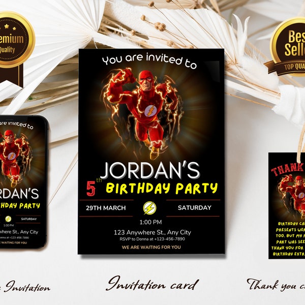 Editable Superhero Invitation Template | The Flash Party | Kids Birthday Invitation | boy and girl party | Print and/or Electronic Invite