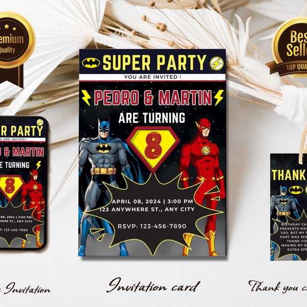 Editable Superhero Invitation Template | bat guy and flash Party | Dual Birthday Invitation | Twin party | Print and/or Electronic Invite