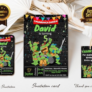 Invitación de cumpleaños de tortuga editable / Invitación ninja imprimible, Evite tortugas, Plantilla Canva editable / Descarga instantánea