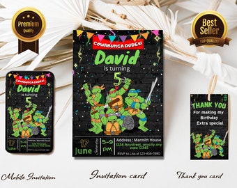 Editable Turtle Birthday Invitation | Printable Ninja Invite, Turtle Evite, Editable Canva Template | Instant Download