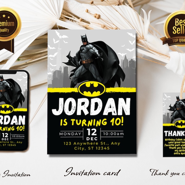 Editable Superhero Invitation Template | bat guy Party | Kids Birthday Invitation | boy and girl party| Print and/or Electronic Invite B2