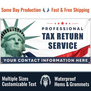 Tax Return Service Custom Vinyl Banner, Income Tax, Heavy Duty, Grommets, Hemmed Edges, Free Shipping