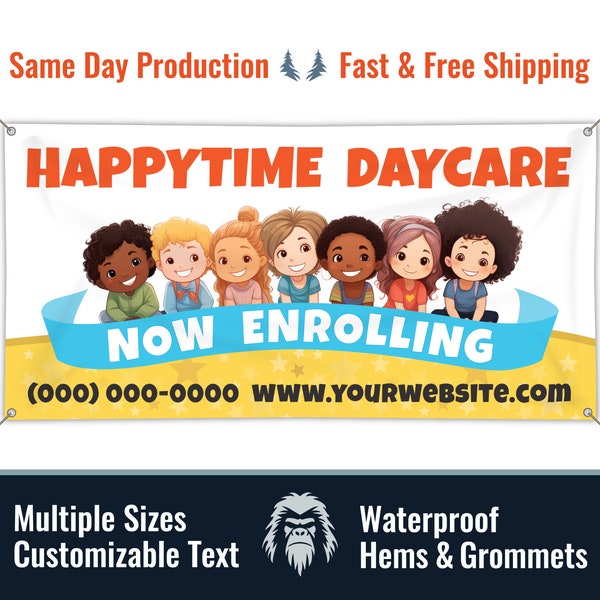 DayCare Now Enrolling Custom Vinyl Banner, Your Business Name Contact Info, Heavy Duty, Grommets, Hemmed Edges, Free Shipping