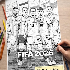May include: Black and white printable coloring PDF featuring a soccer-themed illustration of five players in jerseys with flags in the background. The text "FIFA 2026" is displayed at the bottom.