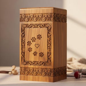 Wooden Pet Urns with Carved Paw Prints & Heart | Dog Cat Memorial Box | Handmade Pet Ashes Urn | Custom Engraved Pet Loss Keepsake Urn Box