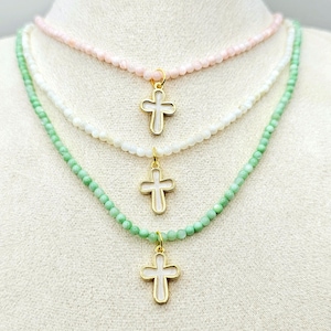 White Enamel Cross Pendant: Mother of Pearl Beaded Necklace, Adjustable 16-18&quot;