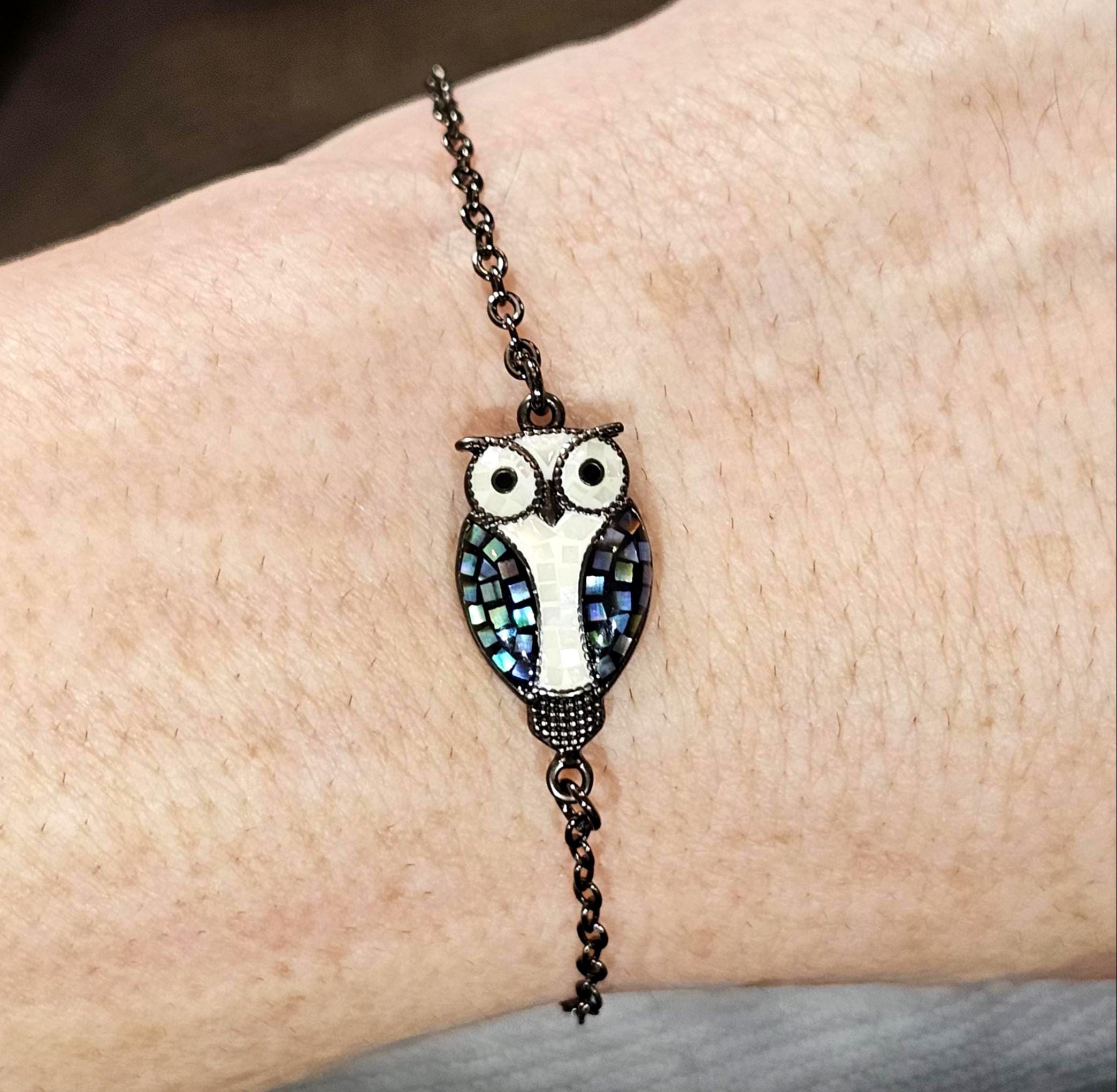 Gunmetal Black Owl Bracelet - Abalone Shell Inlay - Adjustable Custom Length Slider Chain