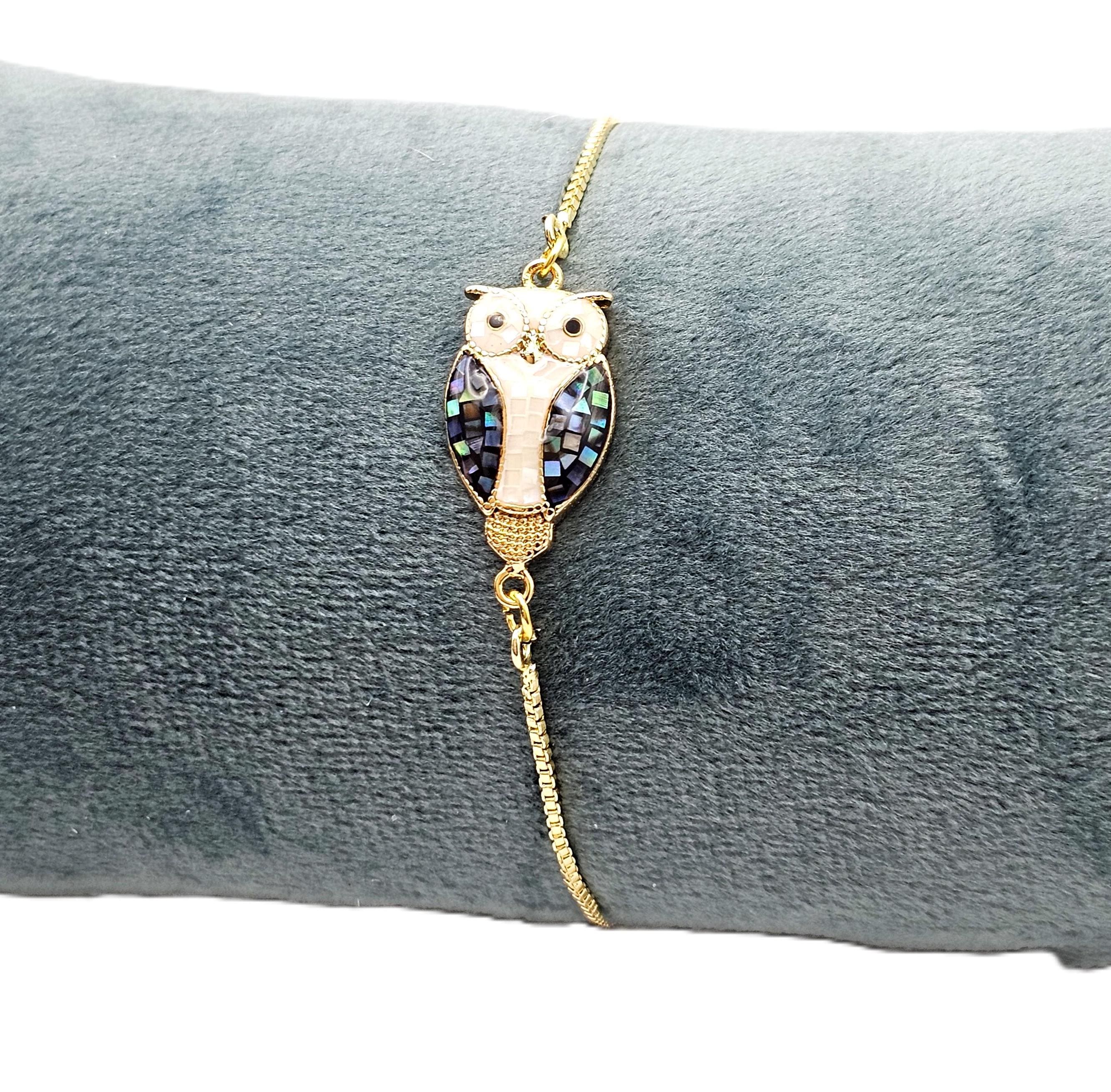 Gold-Plated Owl Bracelet - Abalone Inlay - Spirit Animal Jewelry - Adjustable