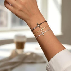 Set of 3 Sideway Cross Bracelets – Adjustable Black, Silver, Gold Chains