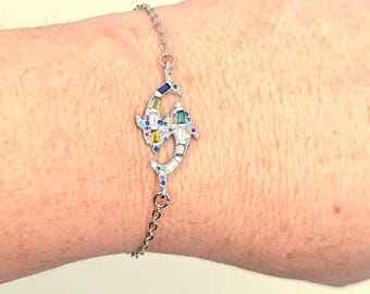 Multicolor CZ Dolphin Bracelet - Tarnish-resistant Adjustable Stainless Steel - Ocean Theme