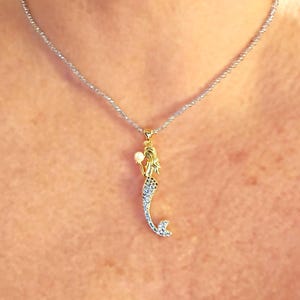 Mermaid Pendant - Pearl Necklace - Blue CZ Crystal Beads - Gold Plated Adjustable Chain - Ocean-Inspired Jewelry - Gift for Mermaid Lovers