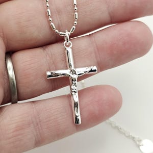 Sterling Silver Crucifix Pendant - Jesus on the Cross - Handmade Adjustable Bead Bar Chain 16 to 18 inches - Christian Jewelry Gift -
